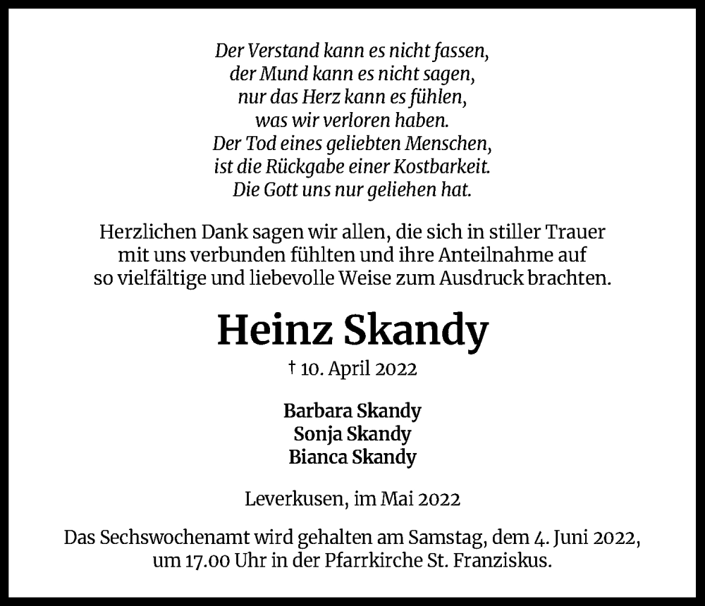  Traueranzeige für Heinz Skandy vom 28.05.2022 aus Kölner Stadt-Anzeiger / Kölnische Rundschau / Express