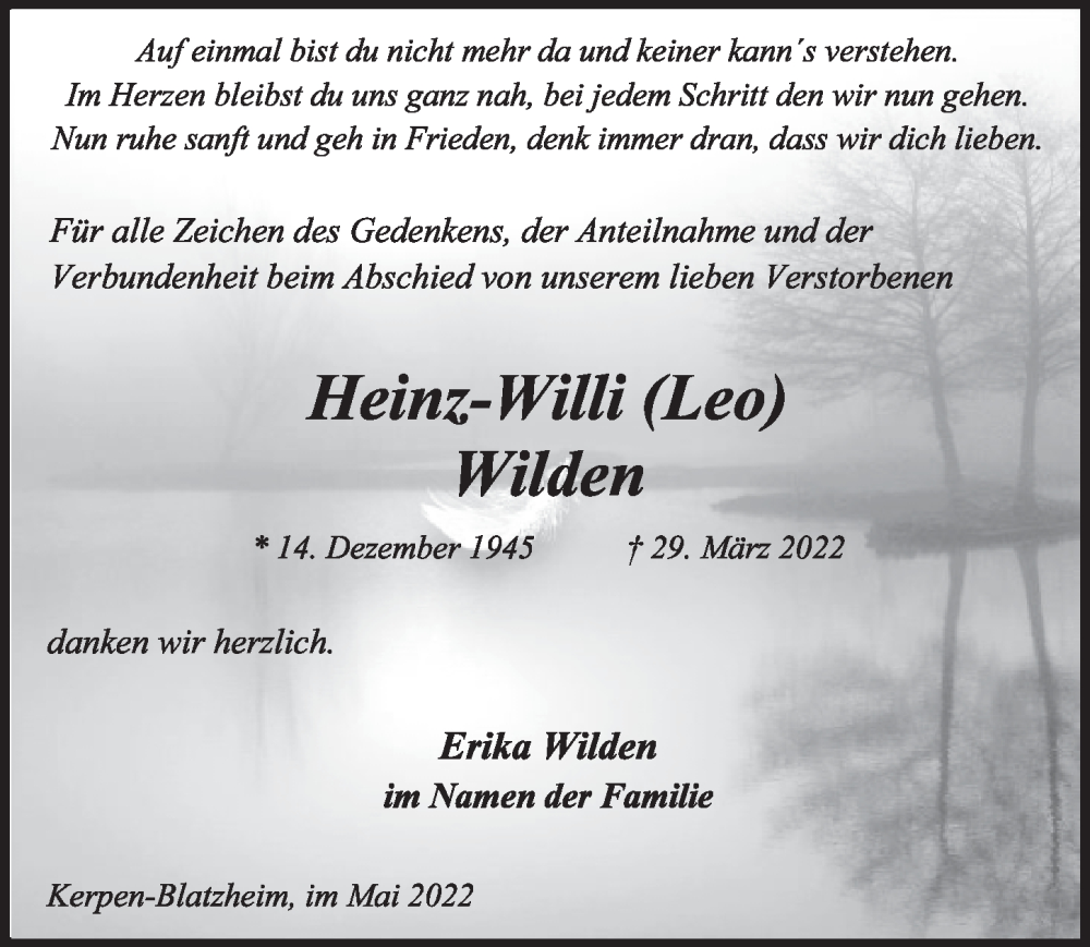 Traueranzeige für Heinz-Willi Wilden vom 06.05.2022 aus  Werbepost 