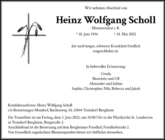 Anzeige von Heinz Wolfgang Scholl von Kölner Stadt-Anzeiger / Kölnische Rundschau / Express