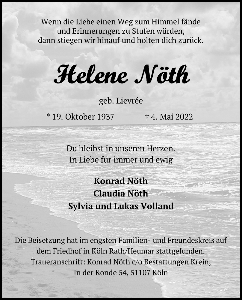  Traueranzeige für Helene Nöth vom 14.05.2022 aus Kölner Stadt-Anzeiger / Kölnische Rundschau / Express