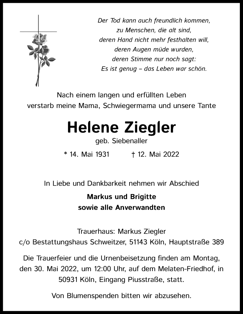  Traueranzeige für Helene Ziegler vom 21.05.2022 aus Kölner Stadt-Anzeiger / Kölnische Rundschau / Express