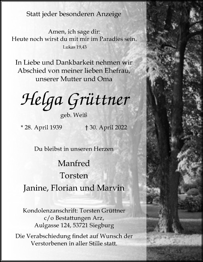  Traueranzeige für Helga Grüttner vom 07.05.2022 aus Kölner Stadt-Anzeiger / Kölnische Rundschau / Express