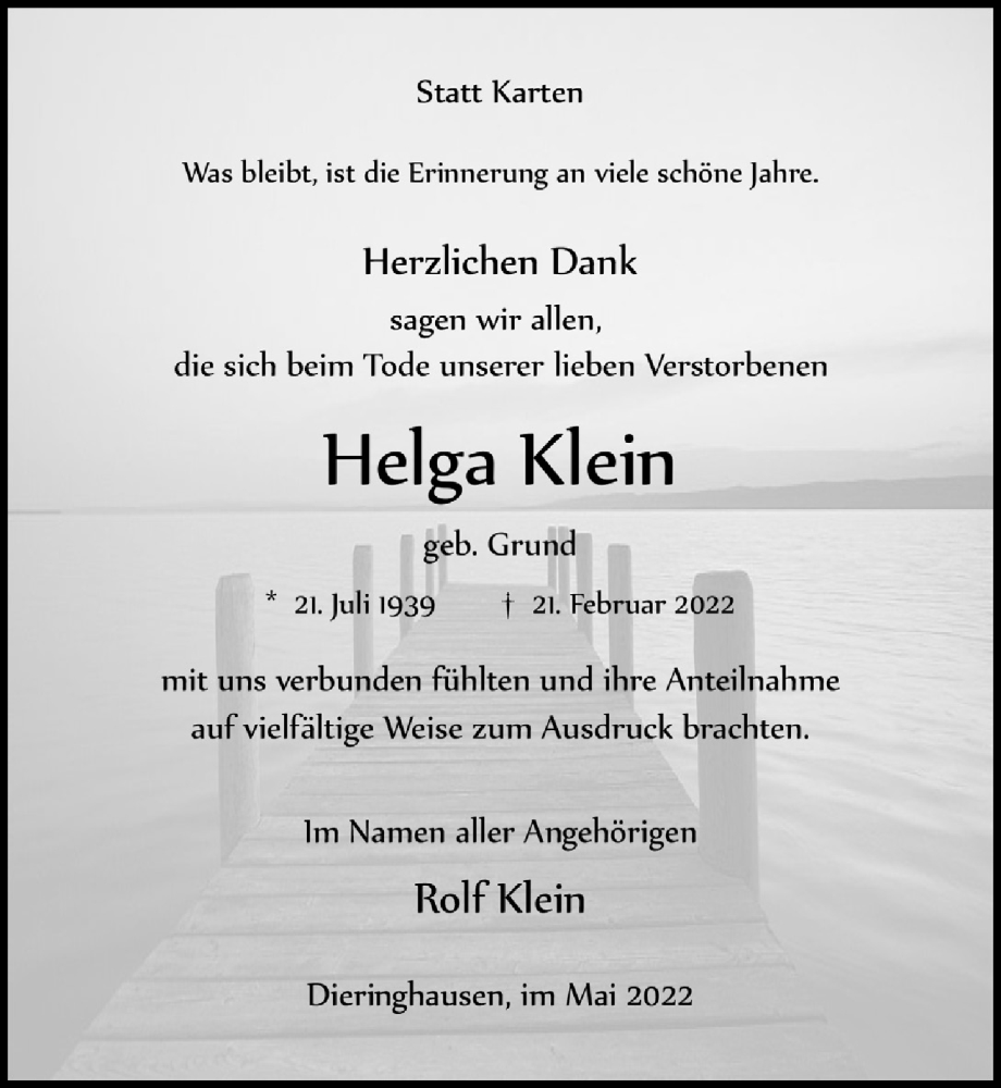  Traueranzeige für Helga Klein vom 06.05.2022 aus  Anzeigen Echo 