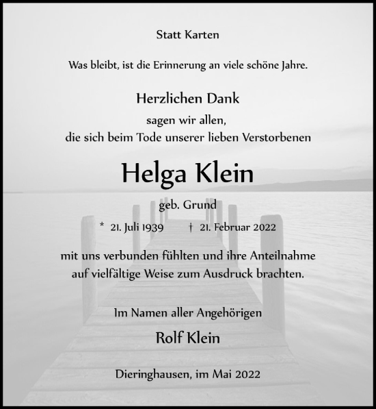 Anzeige von Helga Klein von  Anzeigen Echo 