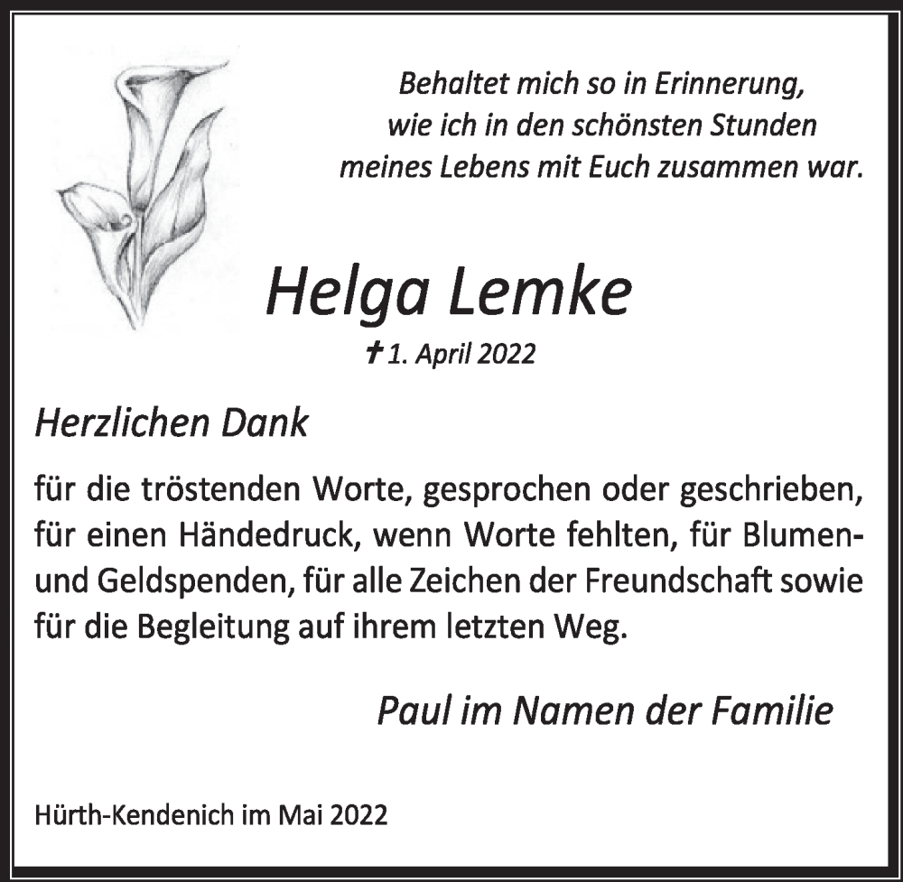  Traueranzeige für Helga Lemke vom 20.05.2022 aus  Wochenende 
