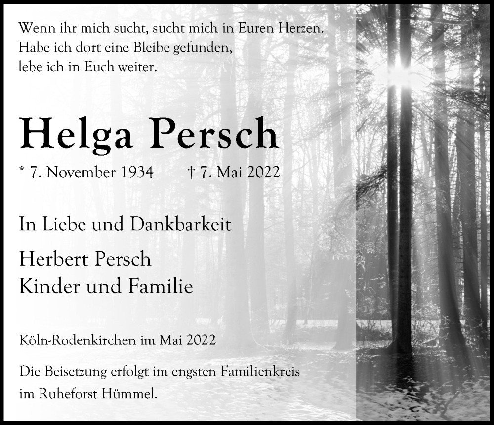  Traueranzeige für Helga Persch vom 14.05.2022 aus Kölner Stadt-Anzeiger / Kölnische Rundschau / Express