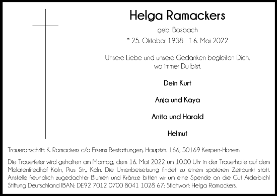 Anzeige von Helga Ramackers von Kölner Stadt-Anzeiger / Kölnische Rundschau / Express