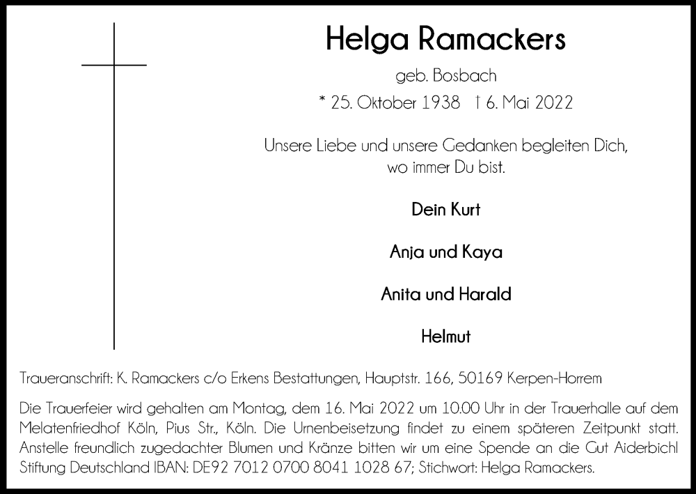  Traueranzeige für Helga Ramackers vom 11.05.2022 aus Kölner Stadt-Anzeiger / Kölnische Rundschau / Express