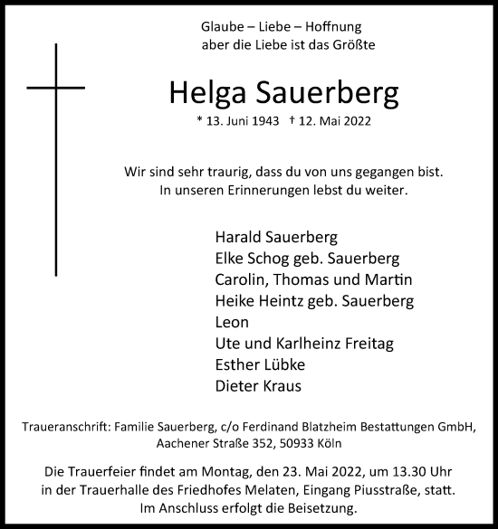Anzeige von Helga Sauerberg von Kölner Stadt-Anzeiger / Kölnische Rundschau / Express