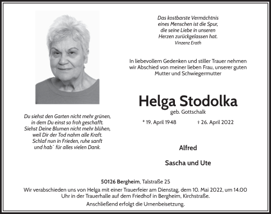 Anzeige von Helga Stodolka von  Werbepost 