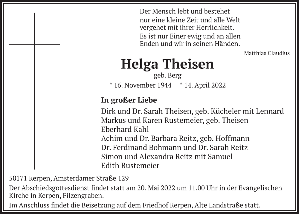  Traueranzeige für Helga Theisen vom 13.05.2022 aus  Werbepost 