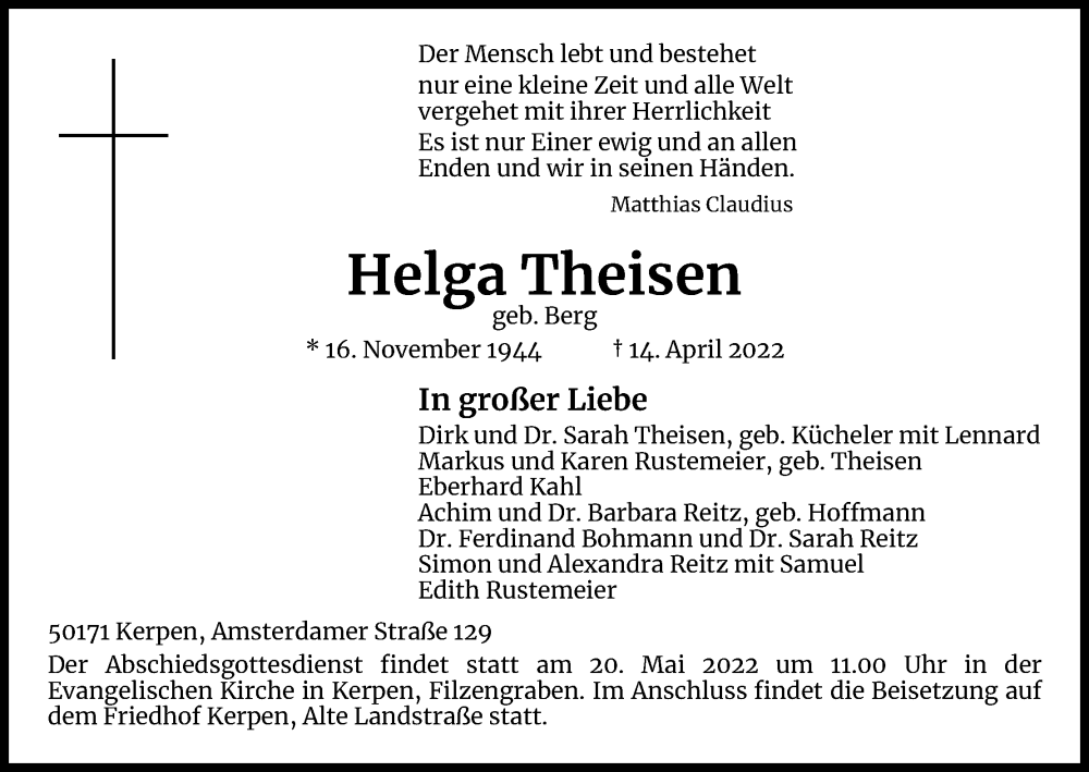  Traueranzeige für Helga Theisen vom 14.05.2022 aus Kölner Stadt-Anzeiger / Kölnische Rundschau / Express