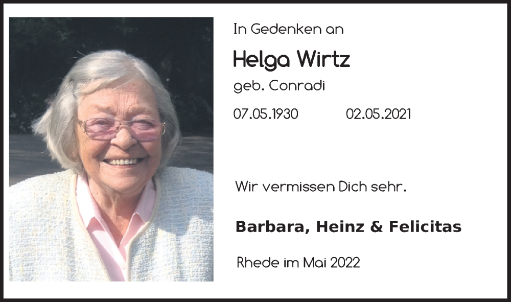  Traueranzeige für Helga Wirtz vom 07.05.2022 aus Kölner Stadt-Anzeiger / Kölnische Rundschau / Express