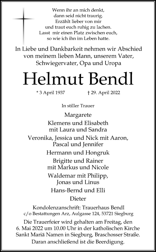  Traueranzeige für Helmut Bendl vom 05.05.2022 aus Kölner Stadt-Anzeiger / Kölnische Rundschau / Express