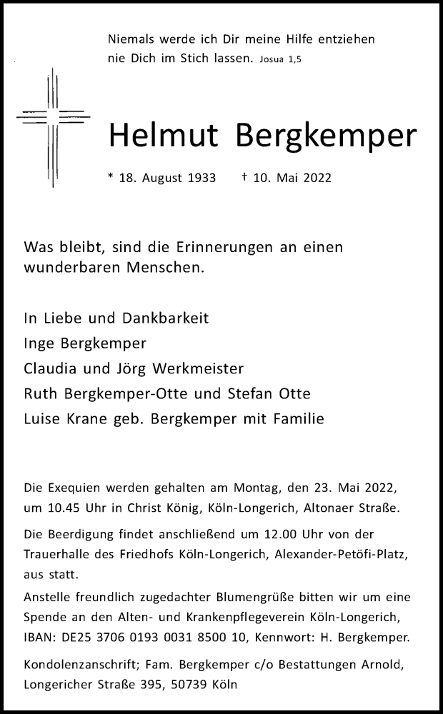  Traueranzeige für Helmut Bergkemper vom 21.05.2022 aus Kölner Stadt-Anzeiger / Kölnische Rundschau / Express