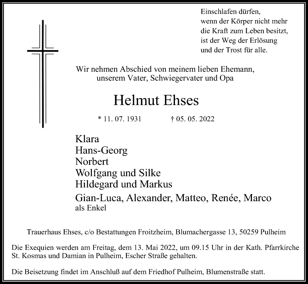  Traueranzeige für Helmut Ehses vom 09.05.2022 aus Kölner Stadt-Anzeiger / Kölnische Rundschau / Express