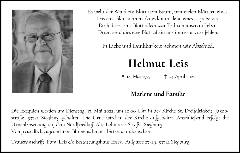  Traueranzeige für Helmut Leis vom 07.05.2022 aus Kölner Stadt-Anzeiger / Kölnische Rundschau / Express