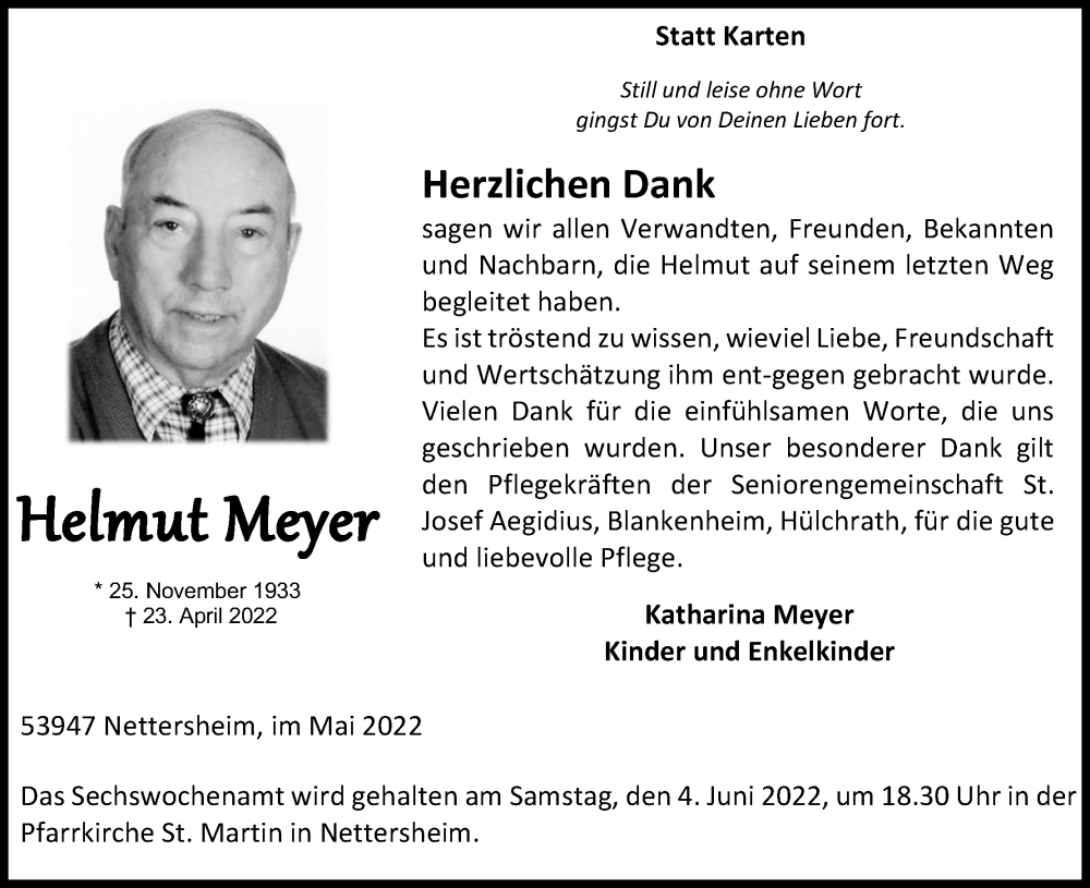  Traueranzeige für Helmut Meyer vom 28.05.2022 aus Kölner Stadt-Anzeiger / Kölnische Rundschau / Express