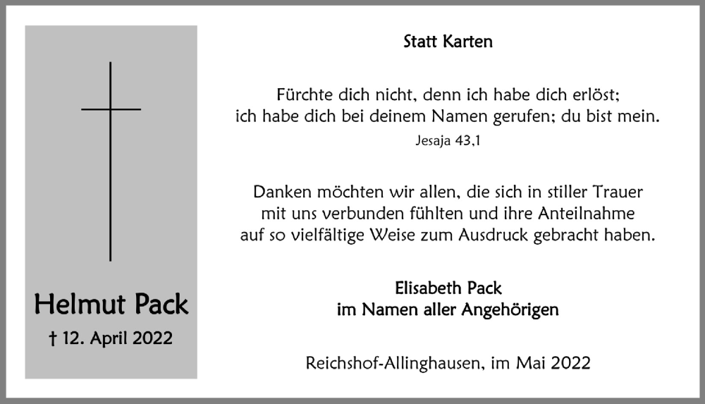  Traueranzeige für Helmut Pack vom 20.05.2022 aus  Anzeigen Echo 