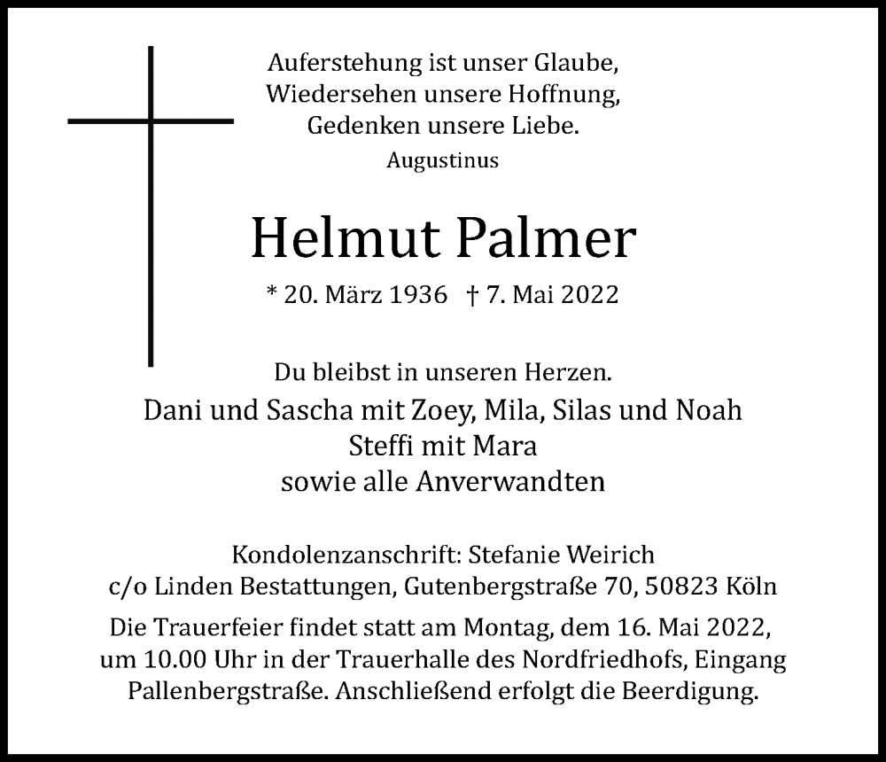  Traueranzeige für Helmut Palmer vom 14.05.2022 aus Kölner Stadt-Anzeiger / Kölnische Rundschau / Express