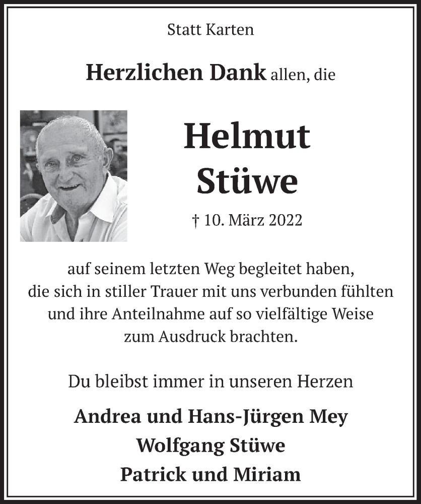  Traueranzeige für Helmut Stüwe vom 06.05.2022 aus  Werbepost 