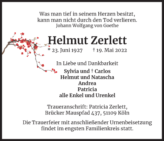Anzeige von Helmut Zerlett von Kölner Stadt-Anzeiger / Kölnische Rundschau / Express