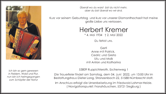 Anzeige von Herbert Kremer von Kölner Stadt-Anzeiger / Kölnische Rundschau / Express