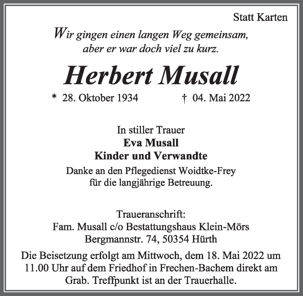  Traueranzeige für Herbert Musall vom 13.05.2022 aus  Wochenende 