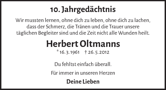 Anzeige von Herbert Oltmanns von  Lokalanzeiger 
