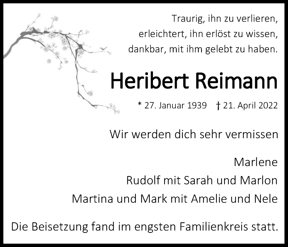  Traueranzeige für Heribert Reimann vom 07.05.2022 aus Kölner Stadt-Anzeiger / Kölnische Rundschau / Express