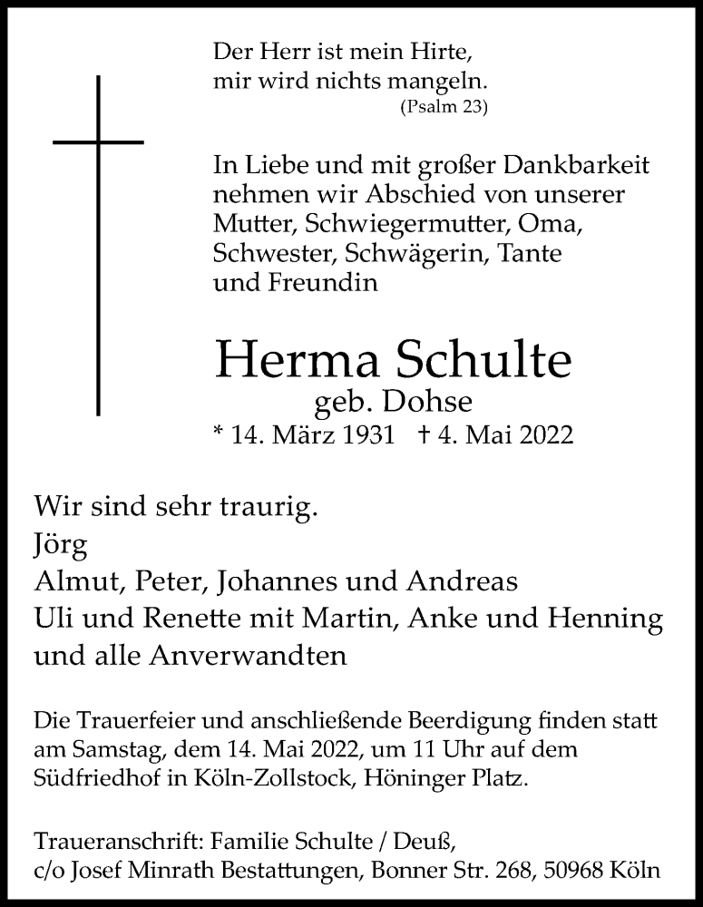  Traueranzeige für Herma Schulte vom 11.05.2022 aus Kölner Stadt-Anzeiger / Kölnische Rundschau / Express