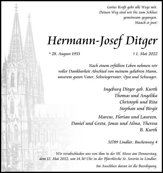 Anzeige von Hermann-Josef Ditger von Kölner Stadt-Anzeiger / Kölnische Rundschau / Express