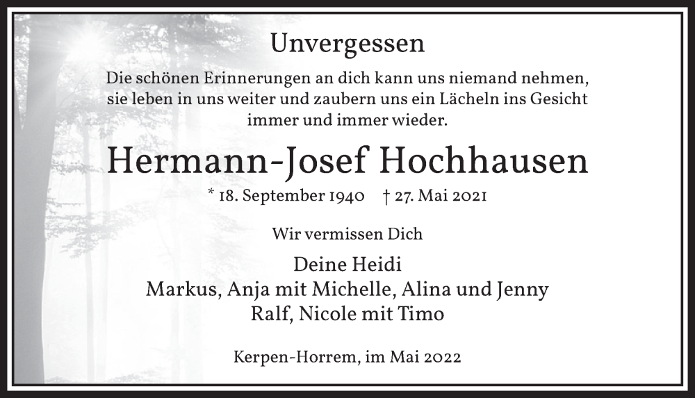  Traueranzeige für Hermann-Josef Hochhausen vom 20.05.2022 aus  Werbepost 