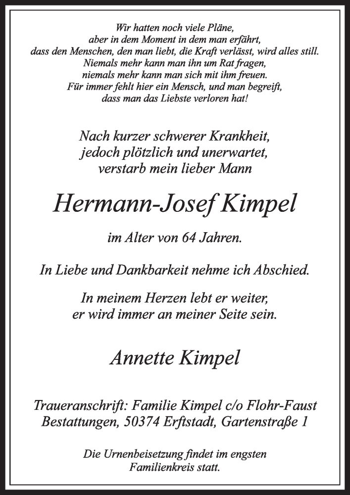  Traueranzeige für Hermann-Josef Kimpel vom 06.05.2022 aus  Werbepost 