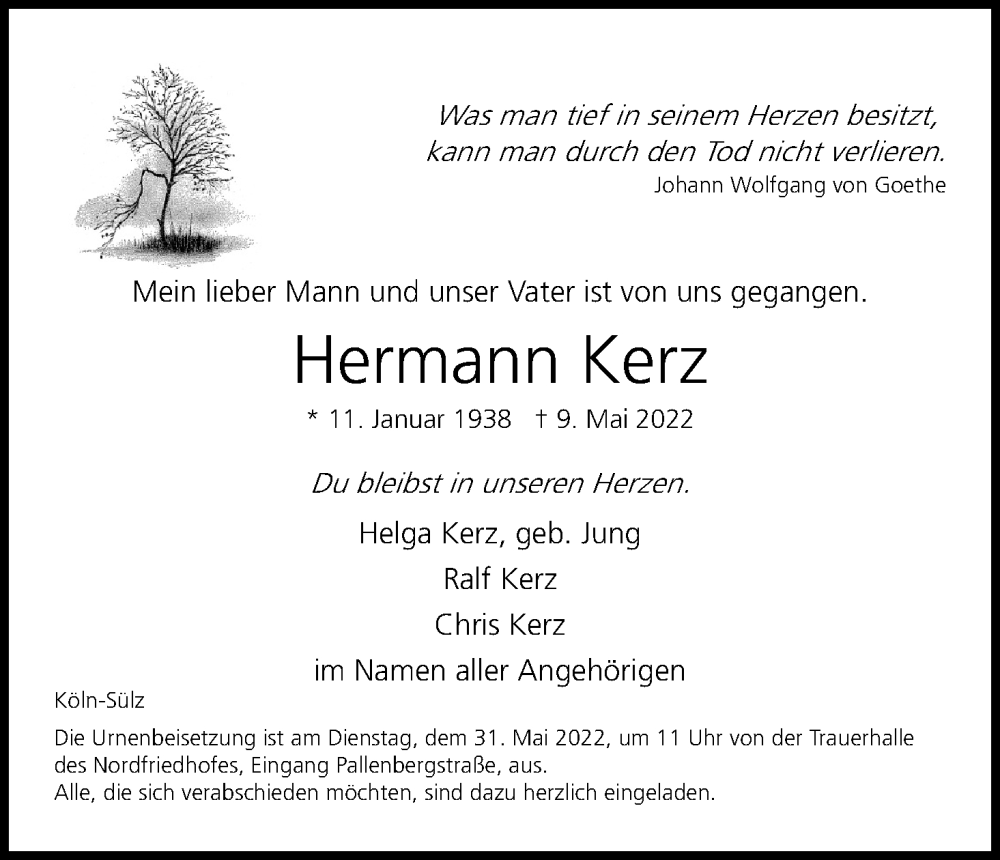 Traueranzeige für Hermann Kerz vom 21.05.2022 aus Kölner Stadt-Anzeiger / Kölnische Rundschau / Express