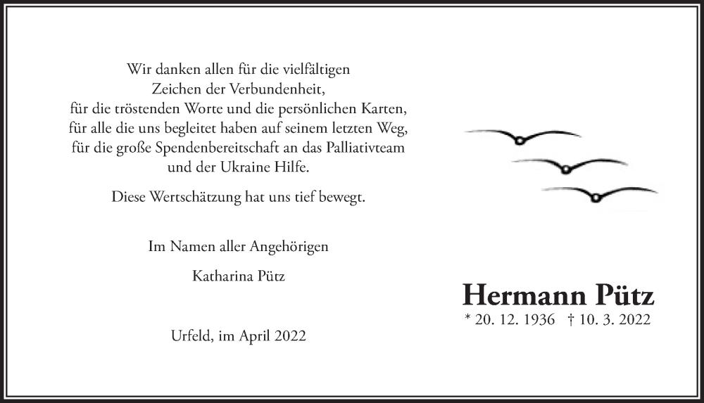  Traueranzeige für Hermann Pütz vom 13.05.2022 aus  Schlossbote/Werbekurier 