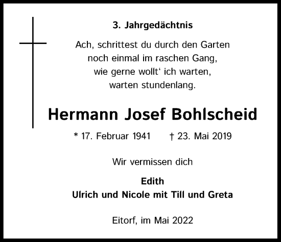 Anzeige von Hermann Josef Bohlscheid von Kölner Stadt-Anzeiger / Kölnische Rundschau / Express