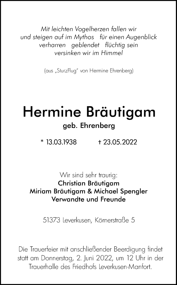  Traueranzeige für Hermine Bräutigam vom 30.05.2022 aus Kölner Stadt-Anzeiger / Kölnische Rundschau / Express