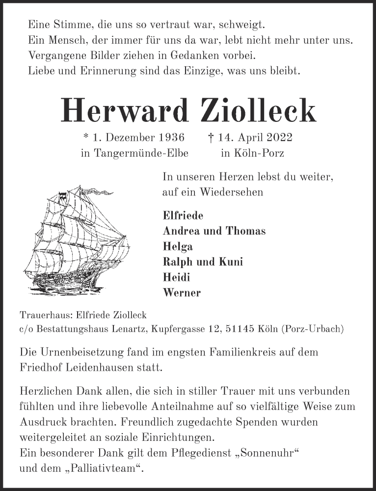  Traueranzeige für Herward Ziolleck vom 20.05.2022 aus  EXPRESS - Die Woche 