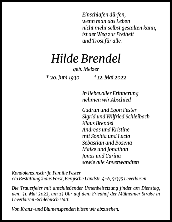 Anzeige von Hilde Brendel von Kölner Stadt-Anzeiger / Kölnische Rundschau / Express