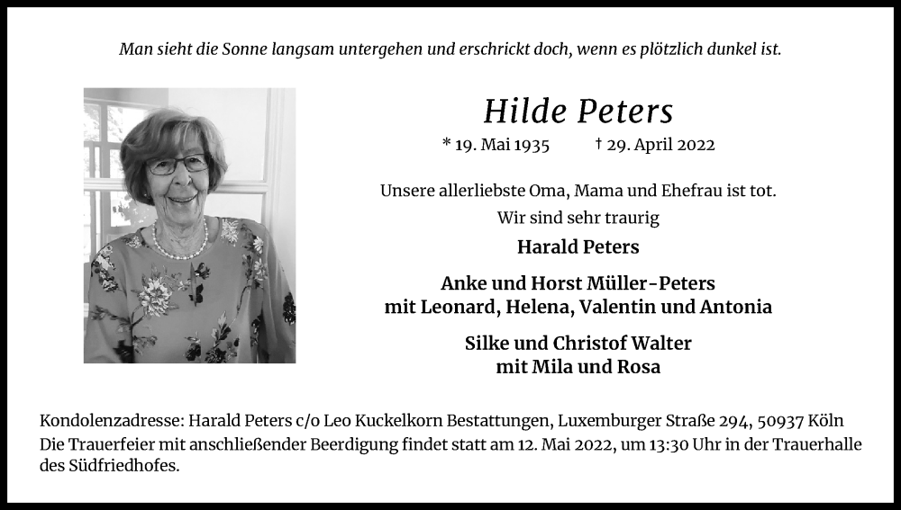  Traueranzeige für Hilde Peters vom 07.05.2022 aus Kölner Stadt-Anzeiger / Kölnische Rundschau / Express