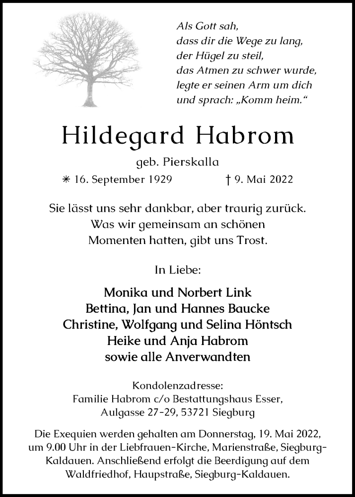  Traueranzeige für Hildegard Habrom vom 14.05.2022 aus Kölner Stadt-Anzeiger / Kölnische Rundschau / Express