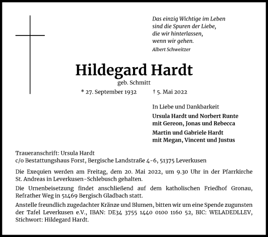 Anzeige von Hildegard Hardt von Kölner Stadt-Anzeiger / Kölnische Rundschau / Express