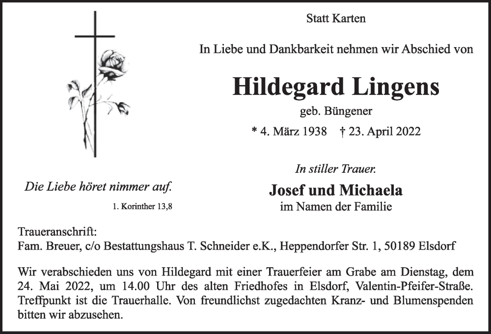  Traueranzeige für Hildegard Lingens vom 20.05.2022 aus  Werbepost 