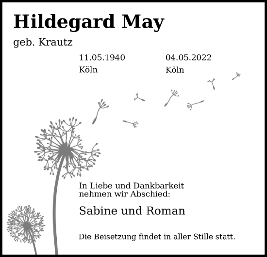 Anzeige von Hildegard May von Kölner Stadt-Anzeiger / Kölnische Rundschau / Express