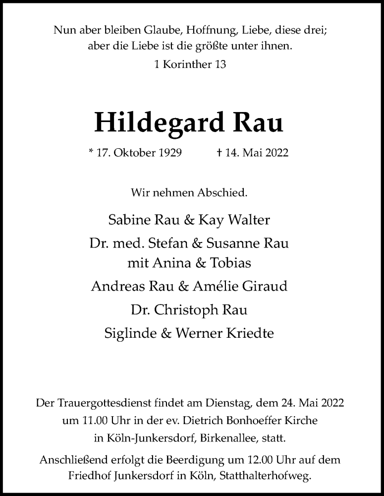  Traueranzeige für Hildegard Rau vom 21.05.2022 aus Kölner Stadt-Anzeiger / Kölnische Rundschau / Express