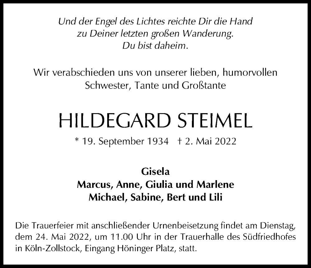  Traueranzeige für Hildegard Steimel vom 14.05.2022 aus Kölner Stadt-Anzeiger / Kölnische Rundschau / Express