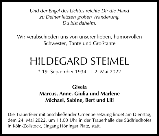 Anzeige von Hildegard Steimel von Kölner Stadt-Anzeiger / Kölnische Rundschau / Express
