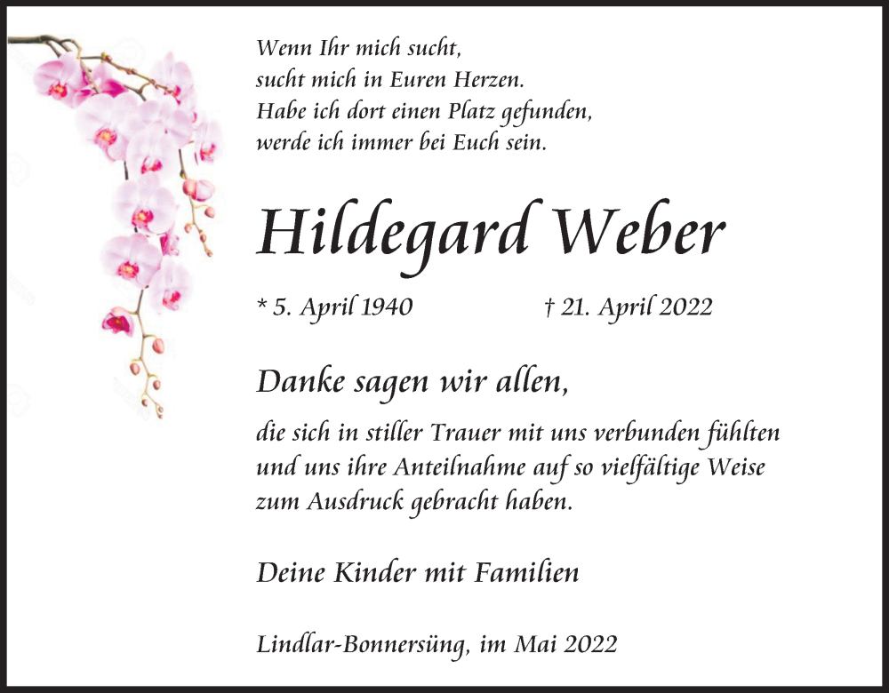  Traueranzeige für Hildegard Weber vom 21.05.2022 aus Kölner Stadt-Anzeiger / Kölnische Rundschau / Express