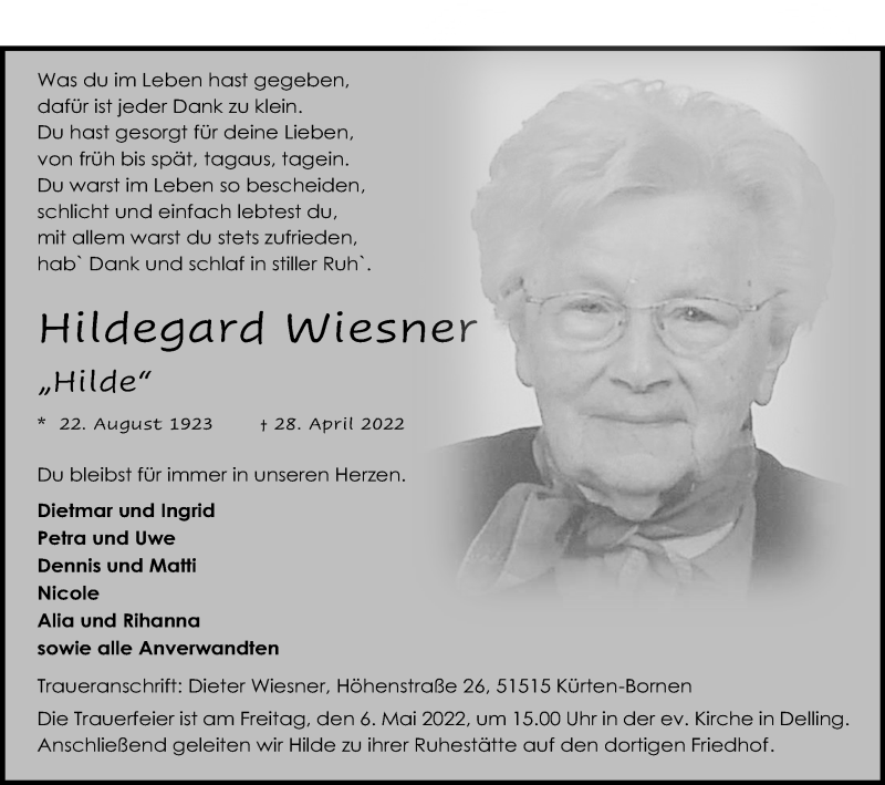  Traueranzeige für Hildegard Wiesner vom 03.05.2022 aus Kölner Stadt-Anzeiger / Kölnische Rundschau / Express